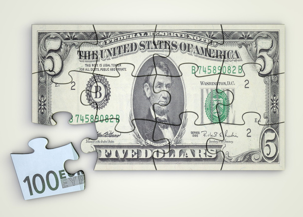 Примітка головоломки 5 доларів і євро шматок - Фото, зображення