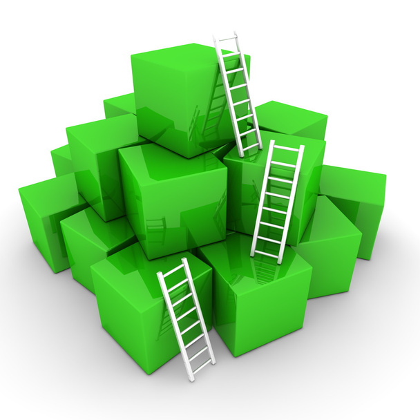 Stapel leuchtend grüner Boxen - mit leuchtend weißen Leitern nach oben klettern - Foto, Bild