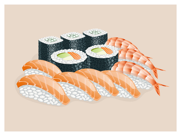 Sushi set with shrimp, salmon, avocado. - Vector, Image