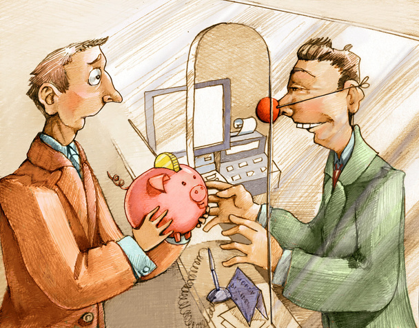 Ein Mann vertraut seine Ersparnisse einem Finanzberater mit Clownsnase an - Foto, Bild