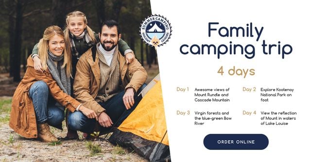 Platilla de diseño Camping Trip Offer Family by Tent in Mountains Facebook AD