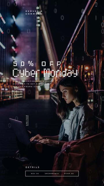 Cyber Monday Sale Woman working on laptop in city Instagram Video Story – шаблон для дизайну