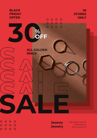 Jewelry Sale with Shiny Rings in Red Poster Design Template