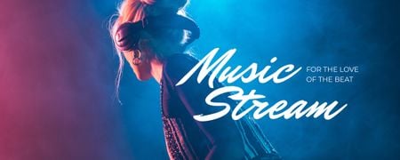 Music concert Stream with Woman in Headphones Twitch Profile Bannerデザインテンプレート