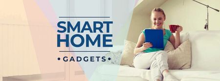 Smart Home ad with Woman using Vacuum Cleaner Facebook cover Tasarım Şablonu