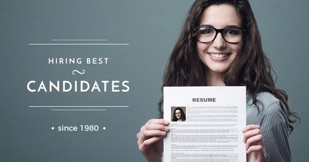Hiring best candidates with Woman holding resume Facebook AD Modelo de Design