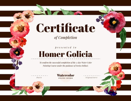 Online Course Completion Confirmation with Watercolor Flowers Certificate Design Template