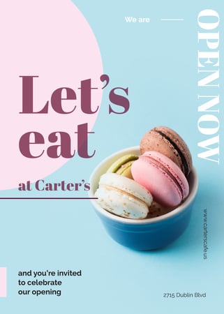 Colorful macarons in bowl at Cafe Invitation Design Template