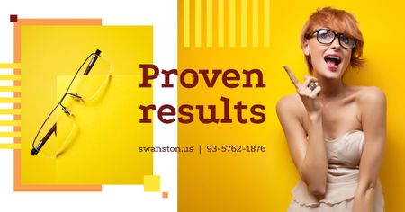 Plantilla de diseño de Optics Ad with Woman in Glasses Pointing in Yellow Facebook AD 