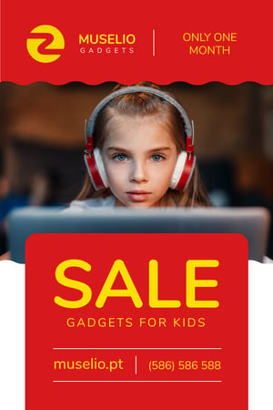 Gadgets Sale with Girl in Headphones in Red Pinterest Tasarım Şablonu
