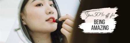 Beauty Sale with Woman applying Lipstick Email header tervezősablon