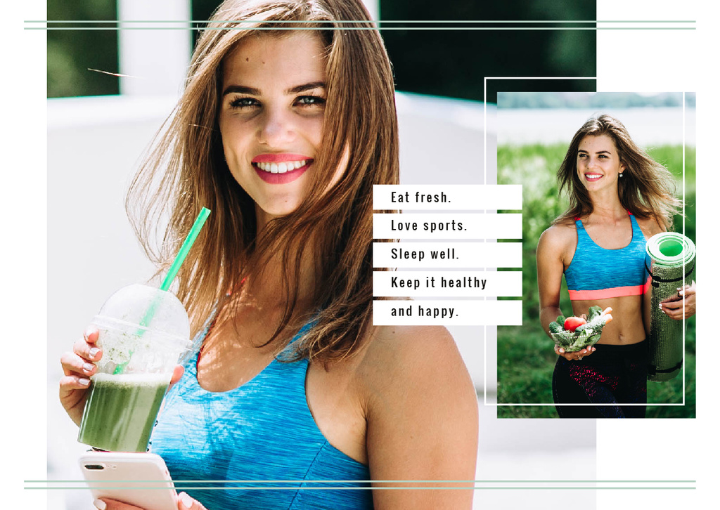 Fit Girl with Healthy Food Postcard Design Template