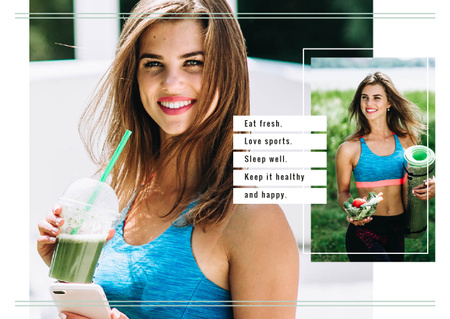 Fit Girl with Healthy Food Postcard Modelo de Design