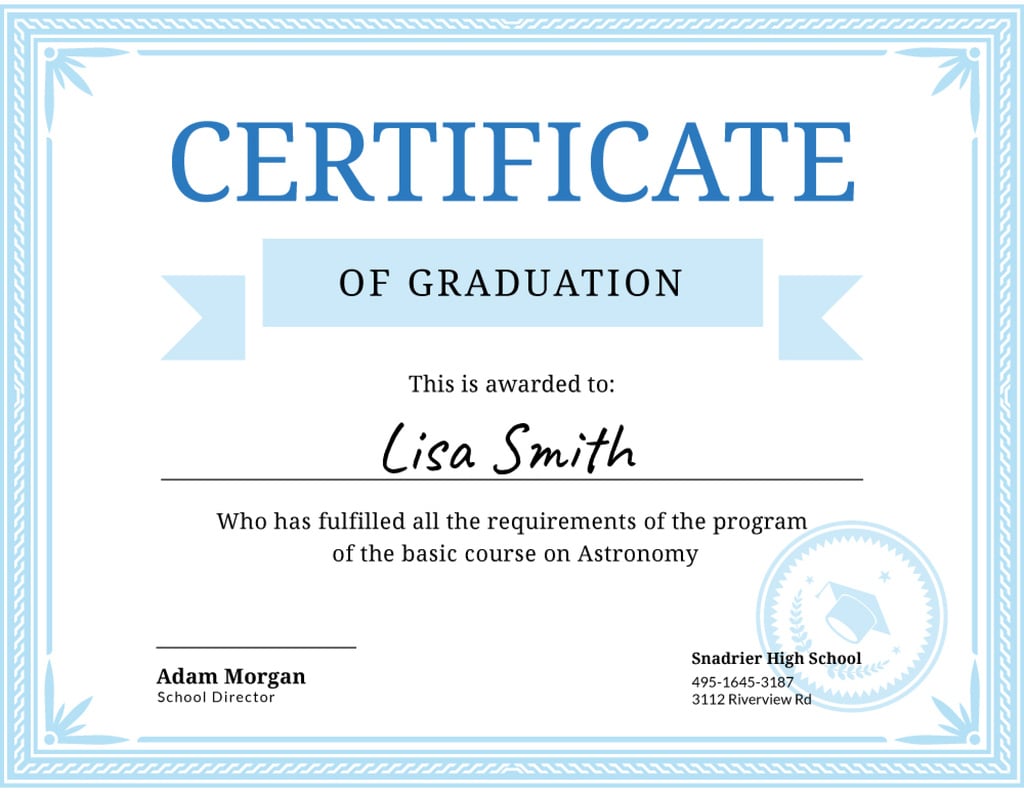 Platilla de diseño Astronomy Course Graduation in blue Certificate