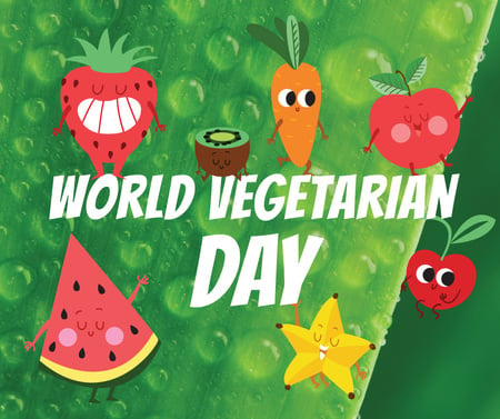 Plantilla de diseño de Vegetarian Day greeting with funny Fruits Facebook 