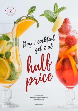 Half Price Offer with Cocktails in Glasses Poster Design Template