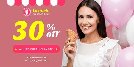 Modèle de visuel Offre de boutique de crème glacée avec femme avec cône et ballons - Twitter