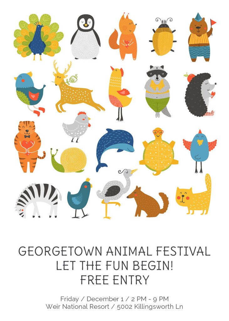 Animal Festival Announcement with Animals Icons Invitation Design Template