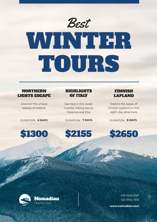 Winter Tour Offer with Snowy Mountains Poster Tasarım Şablonu
