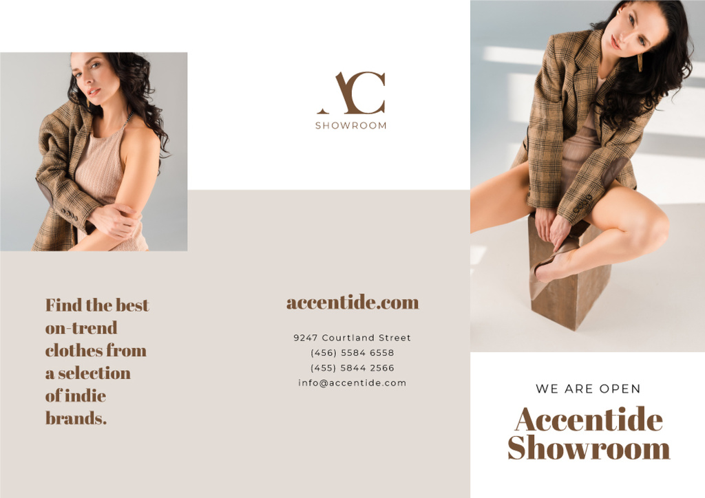 Plantilla de diseño de Showroom Offer with Woman in Stylish Clothes Brochure 