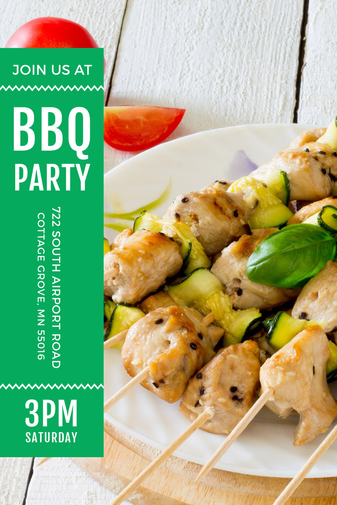 Designvorlage BBQ Party Invitation with Grilled Chicken on Skewers für Pinterest