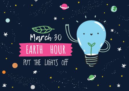 Earth hour Announcement with Smiling Lightbulb Postcard Modelo de Design