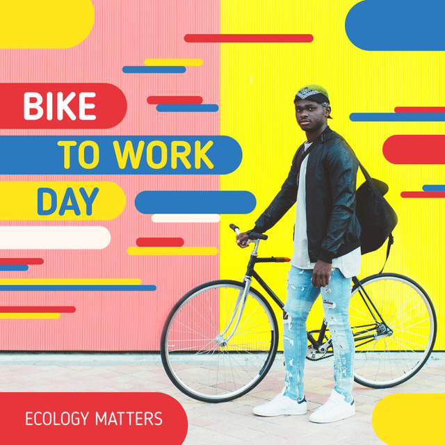 Bike to Work Day Man with Bicycle in City Instagram Design Template