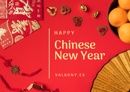 Chinese New Year Greeting with Asian Symbols Postcardデザインテンプレート