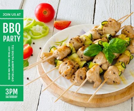BBQ Party Invitation with Grilled Chicken on Skewers Medium Rectangle Design Template