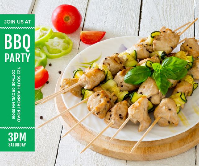 Designvorlage BBQ Party Invitation with Grilled Chicken on Skewers für Medium Rectangle