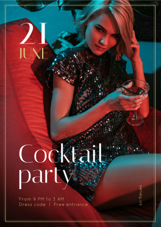 Woman in Shiny Dress at Cocktail Party Flayer Design Template