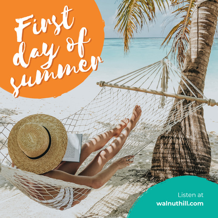 First day of Summer with Woman in hammock by the sea Instagram Design Template
