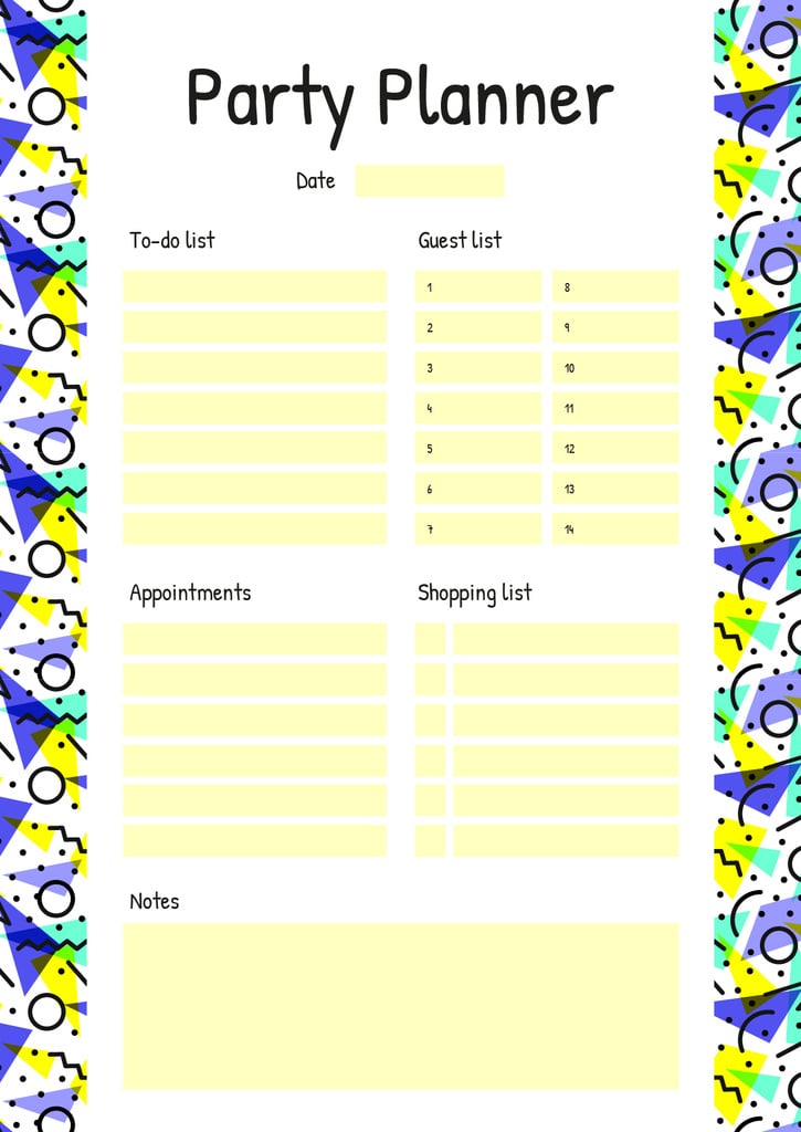 Party Planner on Bright Colourful Pattern Schedule Planner Modelo de Design