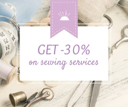 Sewing Services ad with Tools and Threads in White Facebook Modelo de Design