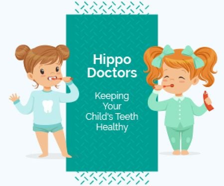 Ontwerpsjabloon van Medium Rectangle van Kids Dental Clinic Ad Girls Brushing Their Teeth