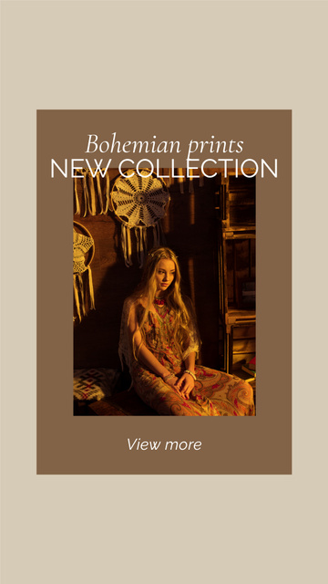 New Collection Offer with Woman in Bohemian Outfit Instagram Story Modelo de Design