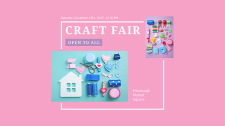 Announcement Craft Fair with needlework tools pink Title Design Template