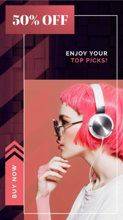 Gadgets sale Woman in Headphones with Pink hair Instagram Video Storyデザインテンプレート