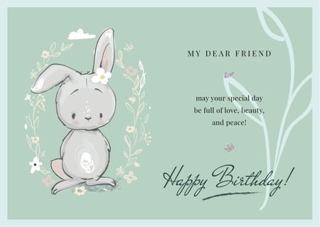 Template di design Birthday Greeting Cute Bunny in Flowers Card