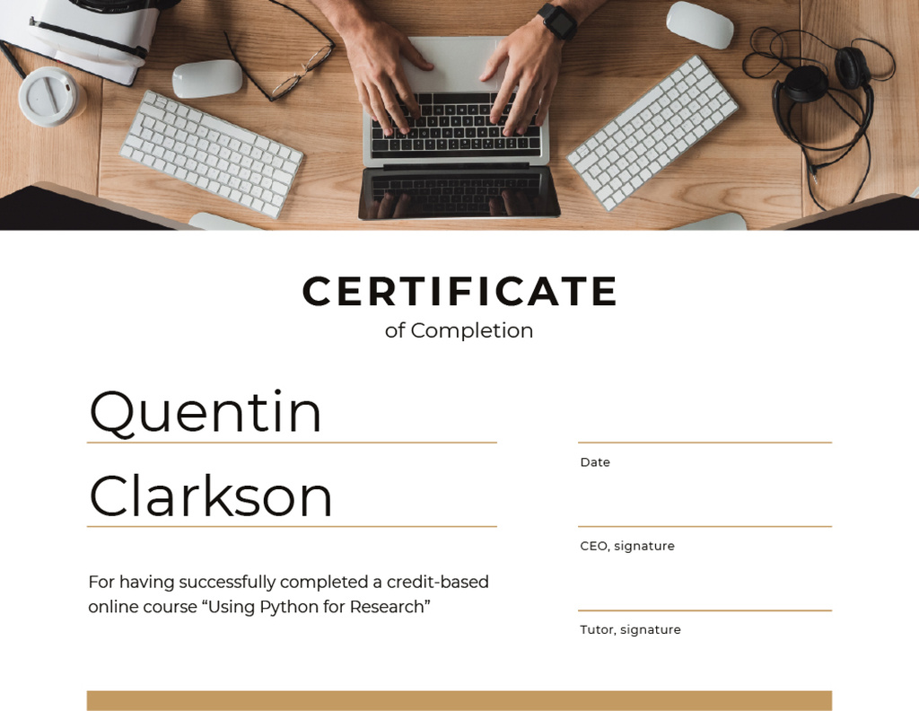 IT online course Completion with Man by Laptop Certificate Design Template