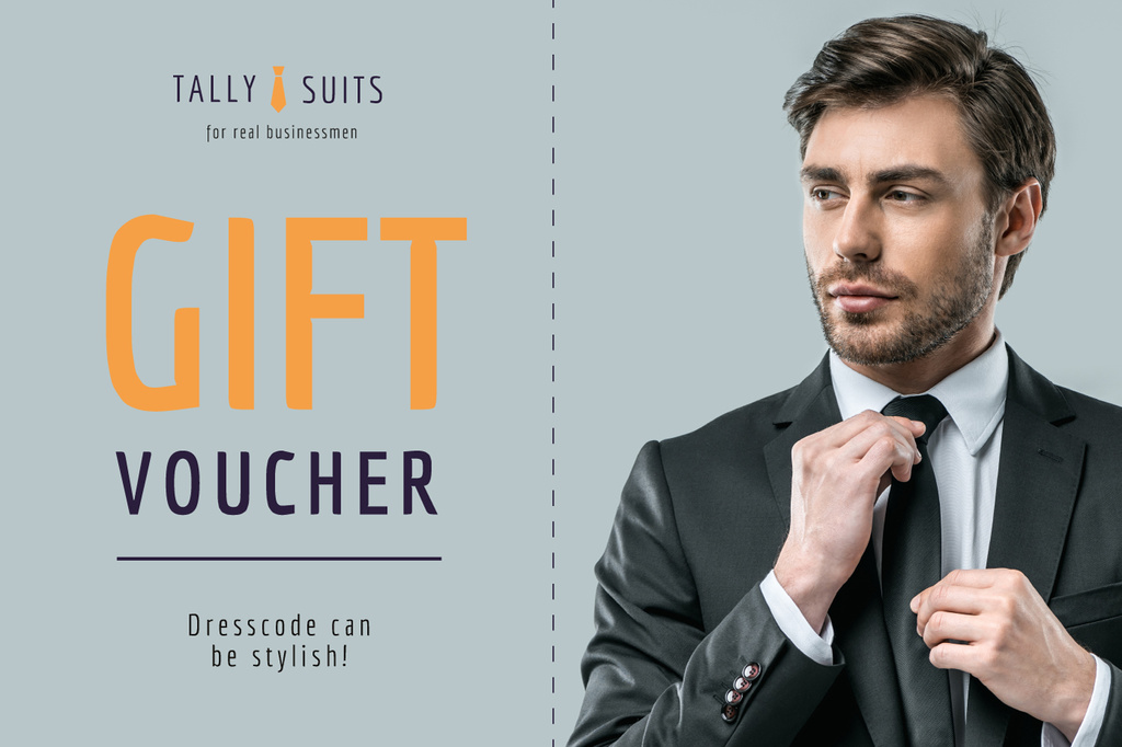 Plantilla de diseño de Suits Store Offer with Stylish Businessman Gift Certificate 