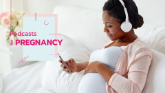 Pregnant woman listening music on phone