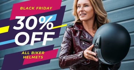 Template di design Black Friday Promotion Woman Holding Helmet Facebook AD