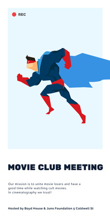 Movie Club Meeting Man in Superhero Costume Graphic Modelo de Design