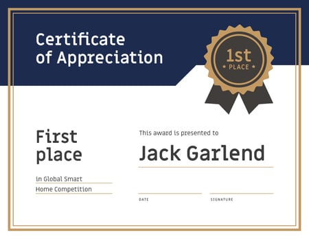 Winning Smart Home Competition appreciation in blue and golden Certificate tervezősablon