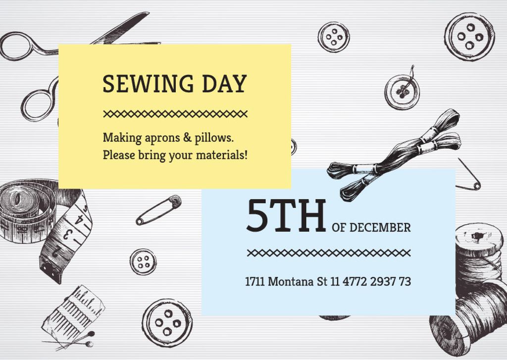 Designvorlage Sewing day event with needlework tools für Postcard