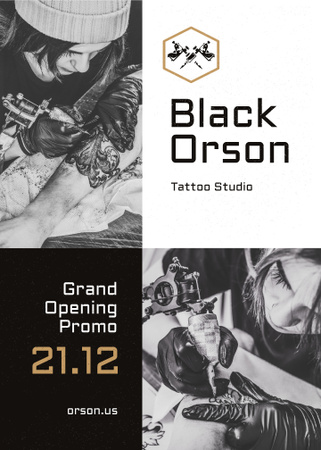 Plantilla de diseño de Tattoo Studio Ad Man Getting Tattoo in Black and White Flayer 