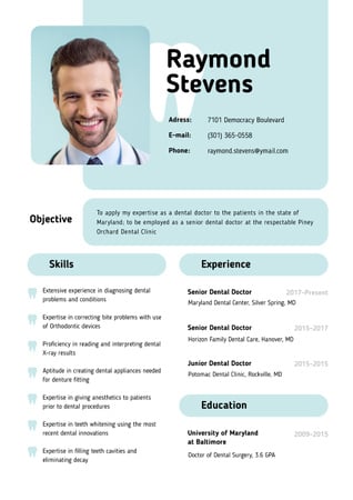 Dental Doctor skills and experience Resume – шаблон для дизайну