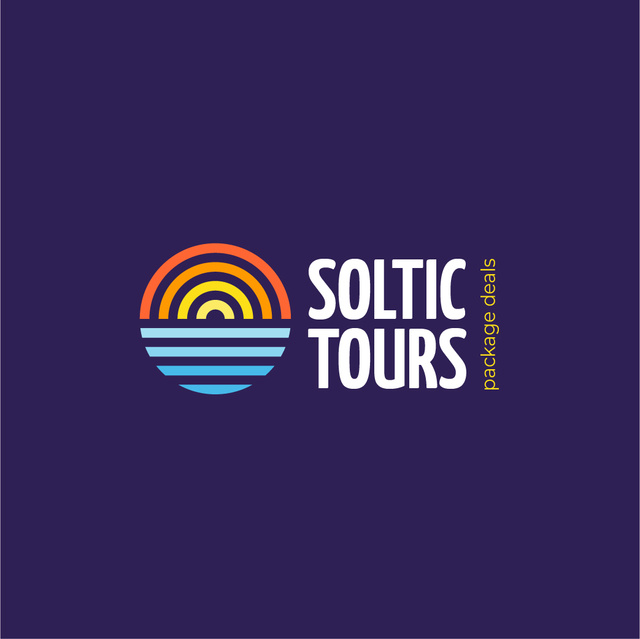 Travel Tours Offer with Sun Setting in Sea Logo Modelo de Design