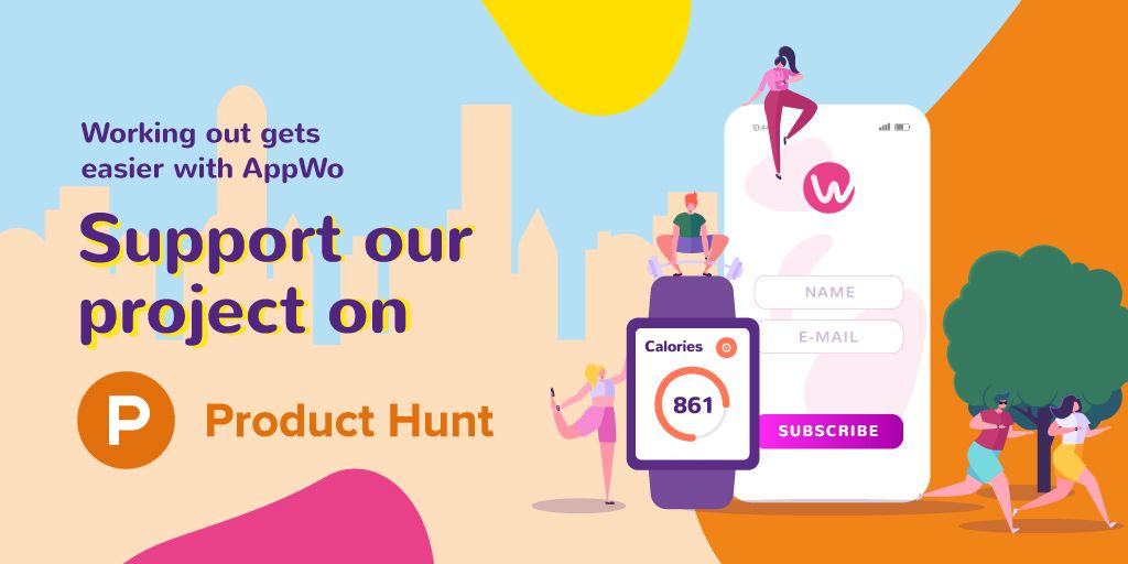 Product Hunt Promotion with Fitness App Interface on Gadgets Twitter – шаблон для дизайна